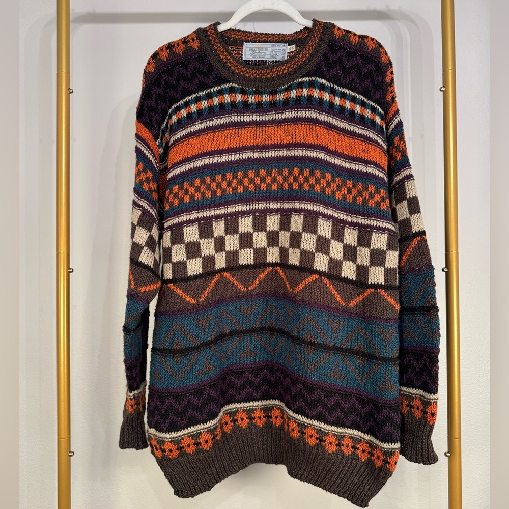 Vintage GAELTARRA Irish Linen Sweater Mens Sz‎ L Multicolor Mixed Print Ireland